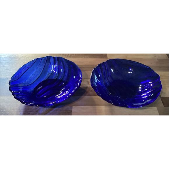 2 Vintage Cobalt Blue Glass Bowls IVV Textured Wavy Stripes Round Ocean 8.5” - Picture 1 of 10